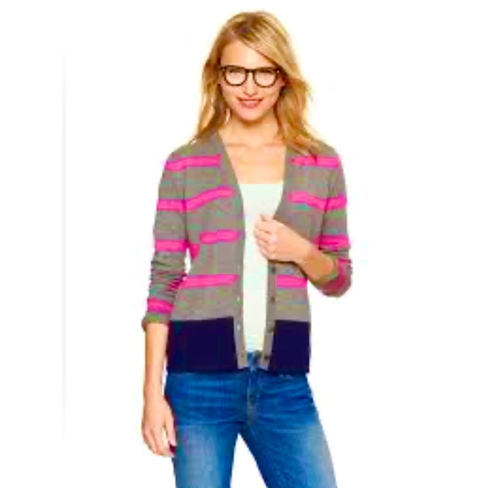GAP Eversoft Wool Blend Colorblock Stripe Button Cardigan Women's Gray M